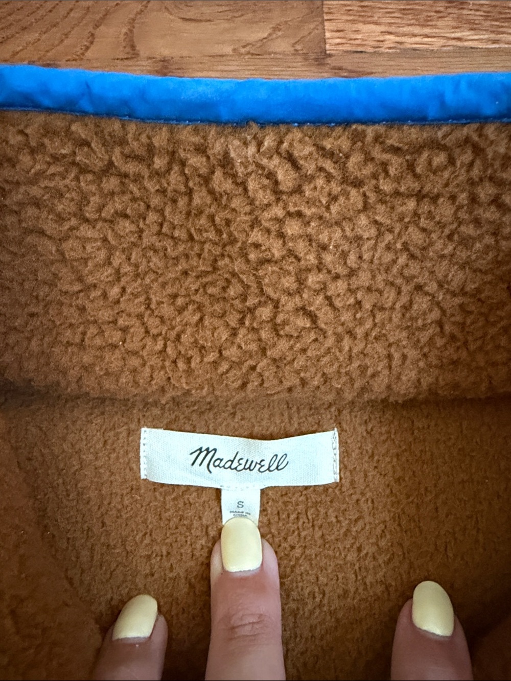 Madewell Brown Sherpa Pullover with Bright Blue Pocket Accents - Picture 3 of 3